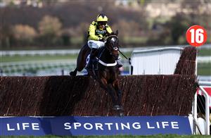 CHELTENHAM, ENGLAND - MARCH 16: Shishkin ridden by Nico de Boinville jumps the last fence to win the Sporting Life Arkle Challenge Trophy Novices' Chase (Grade 1) on Day One of the Cheltenham Festival at Cheltenham Racecourse on March 16, 2021 in Cheltenham, England. Sporting venues around the UK remain under strict restrictions due to the Coronavirus Pandemic as Government social distancing laws prohibit spectators inside venues resulting in events being held behind closed doors. (Photo by Michael Steele/Getty Images)
