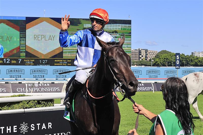 SYDNEY, AUSTRALIA - APRIL 10: Hugh Bowman on Duais returns to scale after winning race 4 the TAB Adrian Knox Stakes during The Championships at Royal Randwick Racecourse on April 10, 2021 in Sydney, Australia. (Photo by Mark Evans/Getty Images)