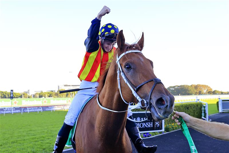 SYDNEY, AUSTRALIA - APRIL 10: James McDonald on Nature Strip returns to scale after winning race 8 the Heineken TJ Smith Stakes during The Championships at Royal Randwick Racecourse on April 10, 2021 in Sydney, Australia. (Photo by Mark Evans/Getty Images)