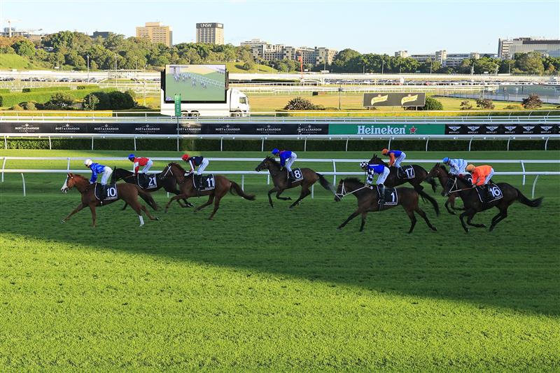 SYDNEY, AUSTRALIA - APRIL 10: Jamie Kah on Cascadian (white cap) wins race 9 the Star Doncaster Mile during The Championships at Royal Randwick Racecourse on April 10, 2021 in Sydney, Australia. (Photo by Mark Evans/Getty Images)