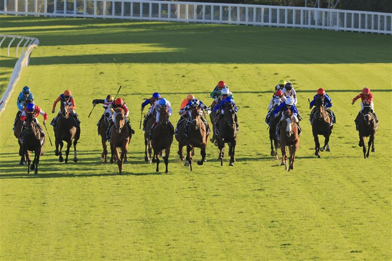 SYDNEY, AUSTRALIA - APRIL 10: Jamie Kah on Cascadian (white cap) wins race 9 the Star Doncaster Mile during The Championships at Royal Randwick Racecourse on April 10, 2021 in Sydney, Australia. (Photo by Mark Evans/Getty Images)