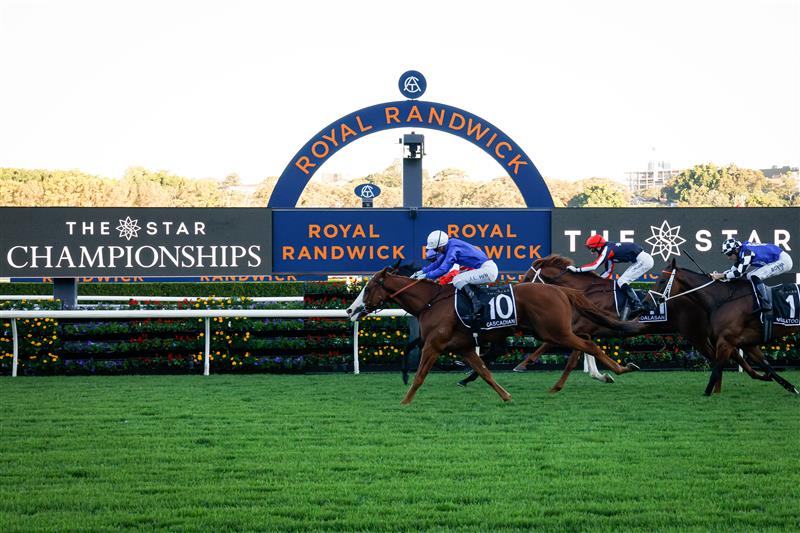 SYDNEY, AUSTRALIA - APRIL 10:  Jamie Kah on Cascadian (white cap) wins race 9 the Star Doncaster Mile during during The Championships at Royal Randwick Racecourse on April 10, 2021 in Sydney, Australia. (Photo by Hanna Lassen/Getty Images)