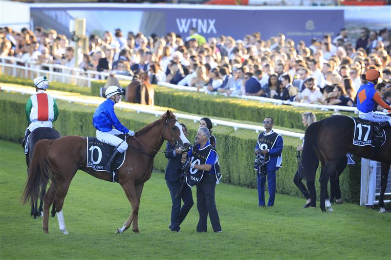 SYDNEY, AUSTRALIA - APRIL 10: Jamie Kah on Cascadian returns to scale after winning  race 9 the Star Doncaster Mile during The Championships at Royal Randwick Racecourse on April 10, 2021 in Sydney, Australia. (Photo by Mark Evans/Getty Images)