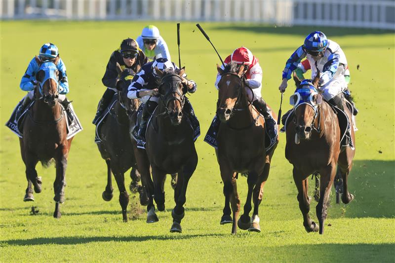 SYDNEY, AUSTRALIA - APRIL 10: John Allen on Explosive Jack (R) wins race 7 the Bentley Australian Derby during The Championships at Royal Randwick Racecourse on April 10, 2021 in Sydney, Australia. (Photo by Mark Evans/Getty Images)