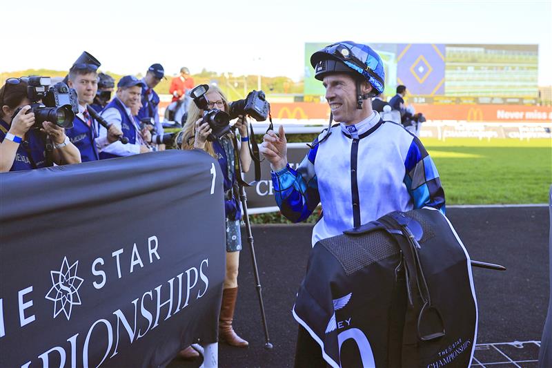 SYDNEY, AUSTRALIA - APRIL 10: John Allen on Explosive Jack returns to scale after winning  race 7 the Bentley Australian Derby during The Championships at Royal Randwick Racecourse on April 10, 2021 in Sydney, Australia. (Photo by Mark Evans/Getty Images)