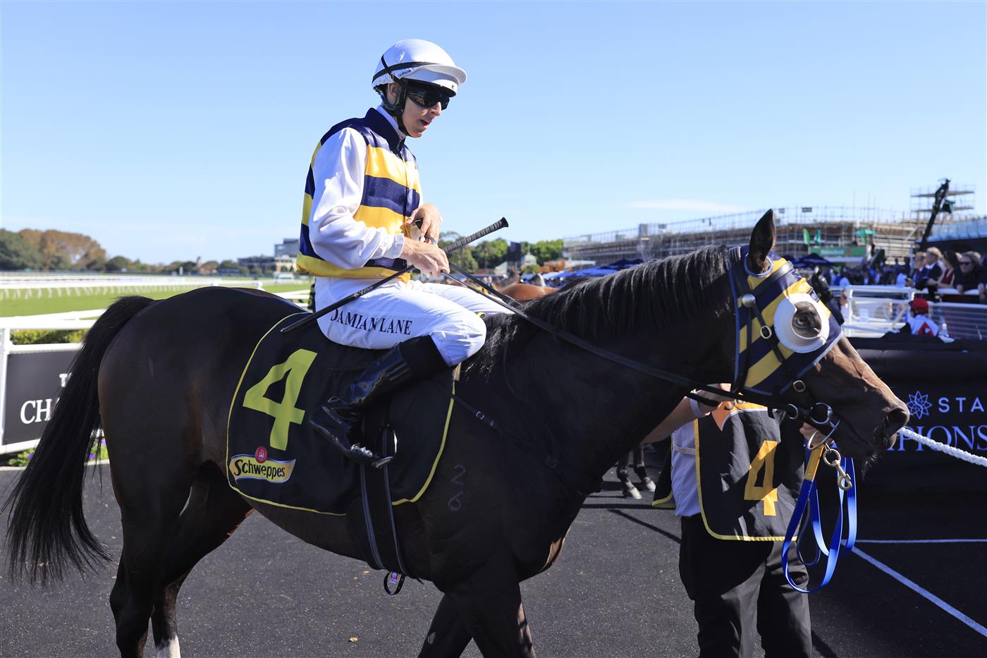 SYDNEY, AUSTRALIA - APRIL 10: Damien Lane on Quick Thinker returns to scale after winning race 5 the Schweppes Chairman’s Qualityduring The Championships at Royal Randwick Racecourse on April 10, 2021 in Sydney, Australia. (Photo by Mark Evans/Getty Images)
