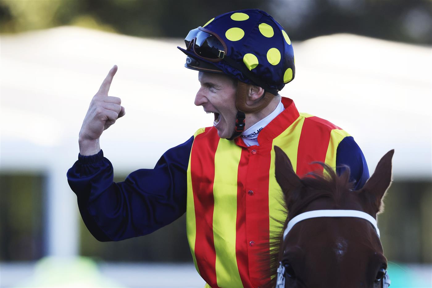 SYDNEY, AUSTRALIA - APRIL 10: James McDonald on Nature Strip returns to scale after winning race 8 the Heineken TJ Smith Stakes during The Championships at Royal Randwick Racecourse on April 10, 2021 in Sydney, Australia. (Photo by Mark Evans/Getty Images)