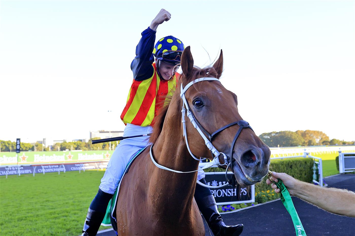SYDNEY, AUSTRALIA - APRIL 10: James McDonald on Nature Strip returns to scale after winning race 8 the Heineken TJ Smith Stakes during The Championships at Royal Randwick Racecourse on April 10, 2021 in Sydney, Australia. (Photo by Mark Evans/Getty Images)
