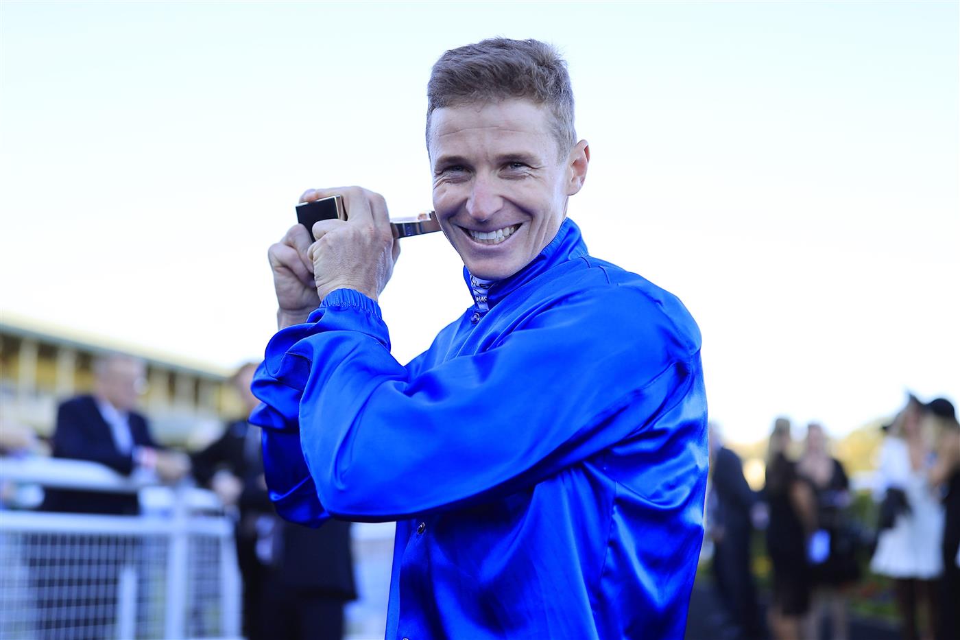 SYDNEY, AUSTRALIA - APRIL 10: James McDonald holds up his trophy after winning race 6 the Inglis Sires’ on Anamoe during The Championships at Royal Randwick Racecourse on April 10, 2021 in Sydney, Australia. (Photo by Mark Evans/Getty Images)