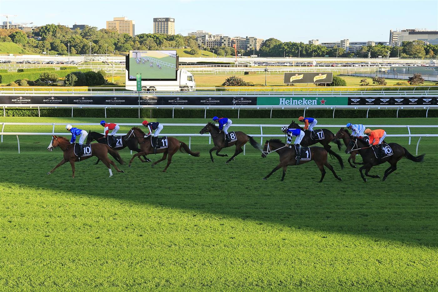 SYDNEY, AUSTRALIA - APRIL 10: Jamie Kah on Cascadian (white cap) wins race 9 the Star Doncaster Mile during The Championships at Royal Randwick Racecourse on April 10, 2021 in Sydney, Australia. (Photo by Mark Evans/Getty Images)