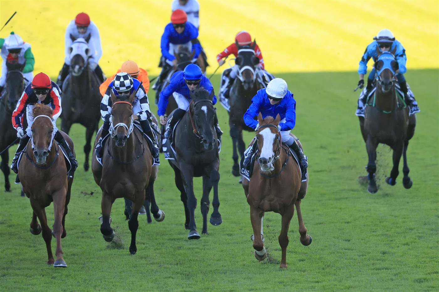 SYDNEY, AUSTRALIA - APRIL 10: Jamie Kah on Cascadian (white cap) wins race 9 the Star Doncaster Mile during The Championships at Royal Randwick Racecourse on April 10, 2021 in Sydney, Australia. (Photo by Mark Evans/Getty Images)
