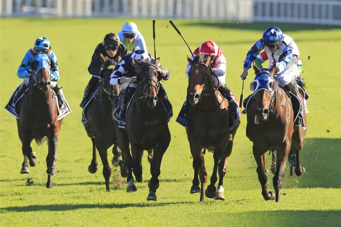SYDNEY, AUSTRALIA - APRIL 10: John Allen on Explosive Jack (R) wins race 7 the Bentley Australian Derby during The Championships at Royal Randwick Racecourse on April 10, 2021 in Sydney, Australia. (Photo by Mark Evans/Getty Images)