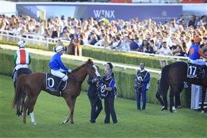 SYDNEY, AUSTRALIA - APRIL 10: Jamie Kah on Cascadian returns to scale after winning race 9 the Star Doncaster Mile during The Championships at Royal Randwick Racecourse on April 10, 2021 in Sydney, Australia. (Photo by Mark Evans/Getty Images)