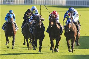 SYDNEY, AUSTRALIA - APRIL 10: John Allen on Explosive Jack (R) wins race 7 the Bentley Australian Derby during The Championships at Royal Randwick Racecourse on April 10, 2021 in Sydney, Australia. (Photo by Mark Evans/Getty Images)