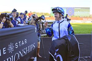 SYDNEY, AUSTRALIA - APRIL 10: John Allen on Explosive Jack returns to scale after winning race 7 the Bentley Australian Derby during The Championships at Royal Randwick Racecourse on April 10, 2021 in Sydney, Australia. (Photo by Mark Evans/Getty Images)