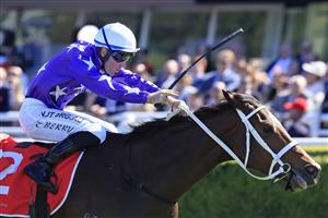 SYDNEY, AUSTRALIA - APRIL 10: Tommy Berry on Kiku wins race 2 the Fujitsu General Carbine Club Stakes during The Championships at Royal Randwick Racecourse on April 10, 2021 in Sydney, Australia. (Photo by Mark Evans/Getty Images)