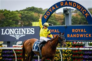 SYDNEY, AUSTRALIA - APRIL 17: Tom Marquand on Addeybb wins race 8 the Longines Queen Elizabeth Stakesduring day two of The Championships at Royal Randwick Racecourse on April 17, 2021 in Sydney, Australia. (Photo by Hanna Lassen/Getty Images)
