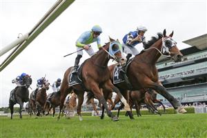 SYDNEY, AUSTRALIA - APRIL 17: Hugh Bowman on Cristal Breeze (white cap), wins race 3 the Polytrack Provincial Championships Final during day two of The Championships at Royal Randwick Racecourse on April 17, 2021 in Sydney, Australia. (Photo by Mark Evans/Getty Images)