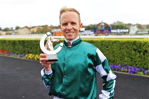 SYDNEY, AUSTRALIA - APRIL 17: Kerrin McEvoy poses with the Trophy after winning race 5 the Star Australian Oaks on Hungry Heart during day two of The Championships at Royal Randwick Racecourse on April 17, 2021 in Sydney, Australia. (Photo by Mark Evans/Getty Images)