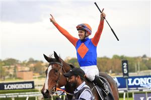 SYDNEY, AUSTRALIA - APRIL 17: Tommy Berry on Nettoyer returns to scale after winning race 9 the Moet & Chandon Queen Of The Turf Stakes during day two of The Championships at Royal Randwick Racecourse on April 17, 2021 in Sydney, Australia. (Photo by Mark Evans/Getty Images)