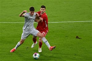 Leverkusen's Czech forward Patrik Schick (L) and Bayern Munich's French defender Lucas Hernandez vie for the ball during the German first division Bundesliga football match FC Bayern Munich vs Bayer 04 Leverkusen in Munich, southern Germany, on April 20, 2021. (Getty Images)