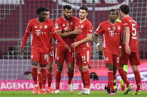 Bayern Munich's Cameroonian forward Eric Maxim Choupo-Moting (2L) celebrates with teammates after scoring the opening goal during the German first division Bundesliga football match FC Bayern Munich vs Bayer 04 Leverkusen in Munich, southern Germany, on April 20, 2021. (Getty Images)