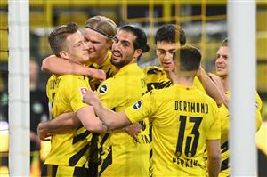 Dortmund's German forward Marco Reus (L) celebrates scoring the opening goal with his teammates during the German first division Bundesliga football match Borussia Dortmund vs 1. FC Union, in Dortmund, western Germany, on April 21, 2021. (Getty Images)