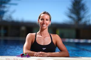 GOLD COAST, AUSTRALIA - APRIL 23: Australian swimmer Emma McKeon poses during a portrait session at the Gold Coast Aquatic Centre on April 23, 2021 in Gold Coast, Australia. (Photo by Chris Hyde/Getty Images)