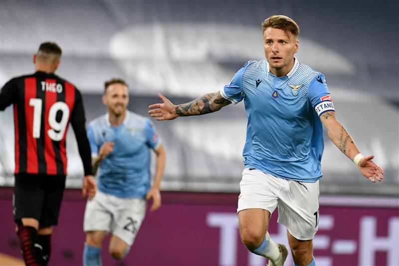 ROME, ITALY - APRIL 26: Ciro Immobile of SS Lazio celebrates a third goal during the Serie A match between SS Lazio and AC Milan at Stadio Olimpico on April 26, 2021 in Rome, Italy. (Getty Images)
