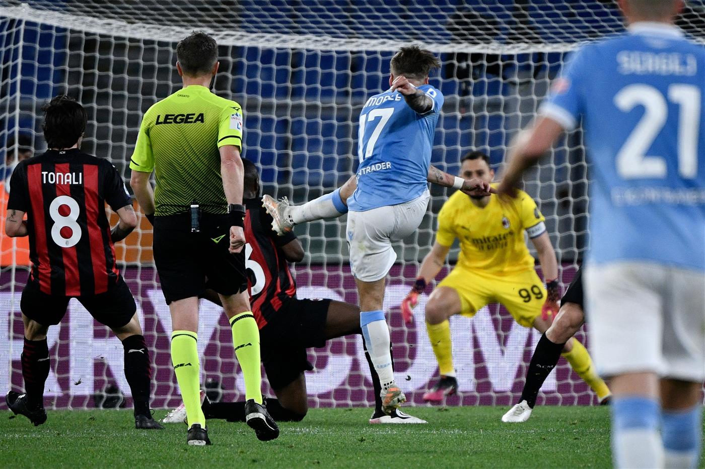 Lazio's Italian forward Ciro Immobile (C) scores a goal during the Italian Serie A football match between Lazio and Ac Milan on April 26, 2021 at the Olympic stadium in Rome. (Getty Images)