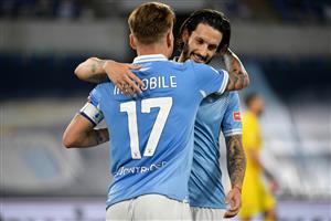 ROME, ITALY - APRIL 26: Ciro Immobile of SS Lazio celebrates a third goal during the Serie A match between SS Lazio and AC Milan at Stadio Olimpico on April 26, 2021 in Rome, Italy. (Getty Images)