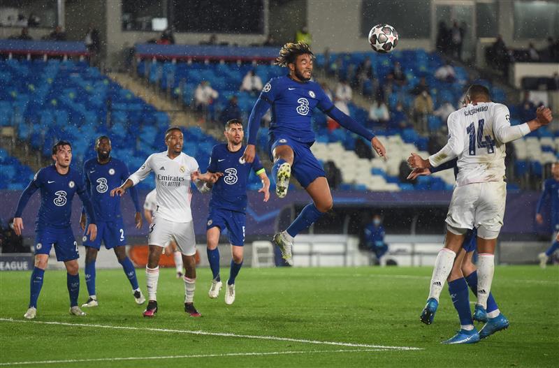 MADRID, SPAIN - APRIL 27: Reece James of Chelsea wins a header during the UEFA Champions League Semi Final First Leg match between Real Madrid and Chelsea FC at Estadio Alfredo Di Stefano on April 27, 2021 in Madrid, Spain. (Getty Images)