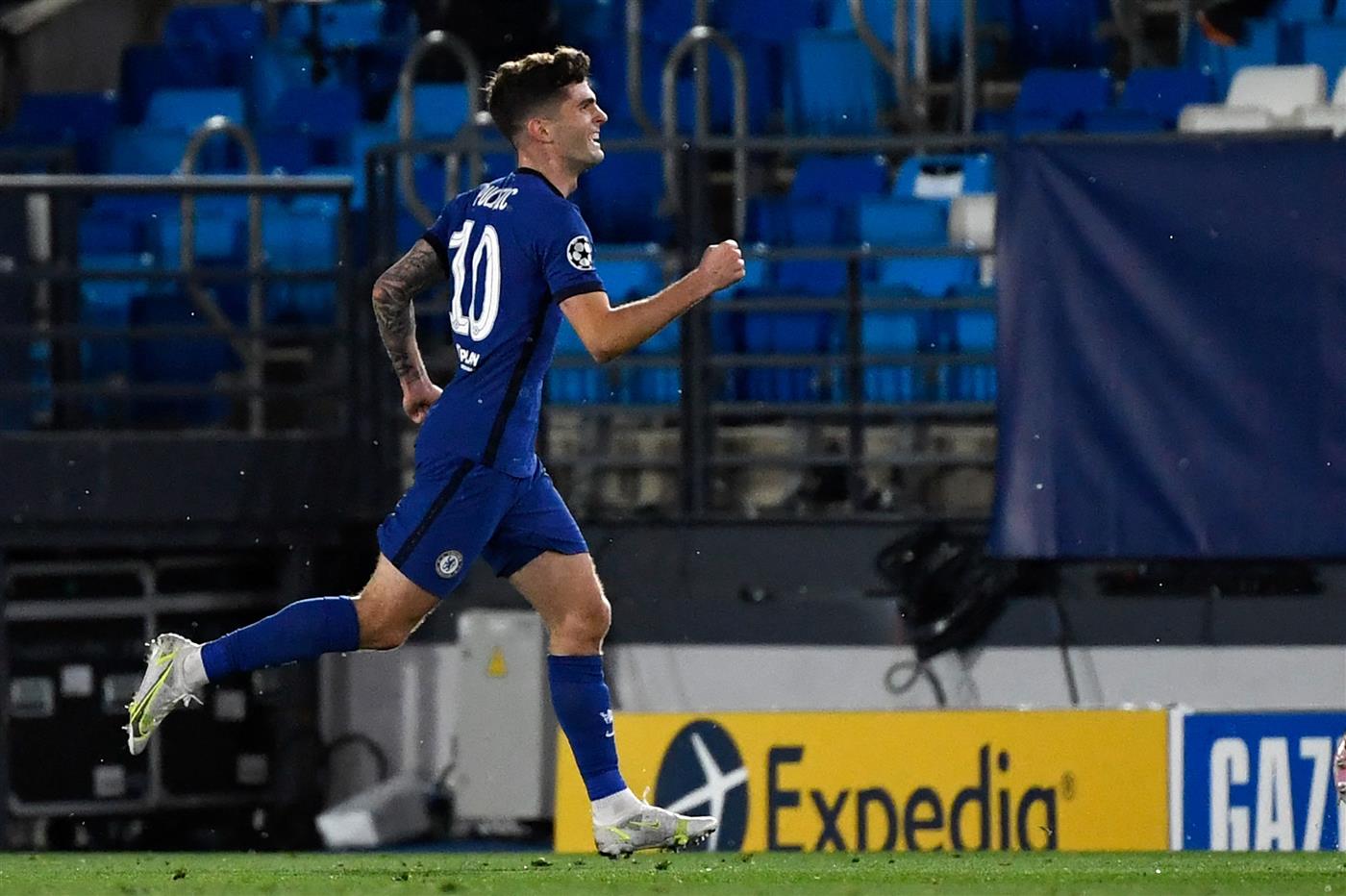 Chelsea's American midfielder Christian Pulisic celebrates scoring the opening goal during the UEFA Champions League semi-final first leg football match between Real Madrid and Chelsea at the Alfredo di Stefano stadium in Valdebebas, on the outskirts of Madrid, on April 27, 2021. (Getty Images)