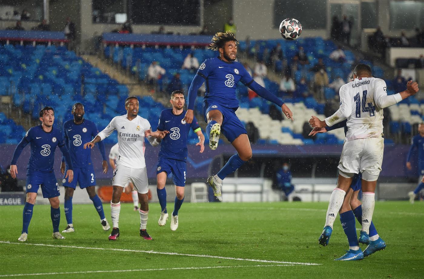 MADRID, SPAIN - APRIL 27: Reece James of Chelsea wins a header during the UEFA Champions League Semi Final First Leg match between Real Madrid and Chelsea FC at Estadio Alfredo Di Stefano on April 27, 2021 in Madrid, Spain. (Getty Images)