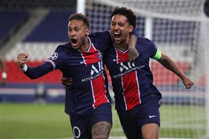 PARIS, FRANCE - APRIL 28: Marquinhos of Paris Saint-Germain celebrates with Neymar after scoring their side's first goal during the UEFA Champions League Semi Final First Leg match between Paris Saint-Germain and Manchester City at Parc des Princes on April 28, 2021 in Paris, France. (Getty Images)