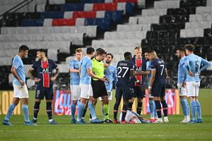 Paris Saint-Germain's Senegalese midfielder Idrissa Gueye talks with Manchester City's Algerian midfielder Riyad Mahrez afrter fouling Manchester City's German midfielder Ilkay Gundogan during the UEFA Champions League first leg semi-final football match between Paris Saint-Germain (PSG) and Manchester City at the Parc des Princes stadium in Paris on April 28, 2021. (Getty Images)