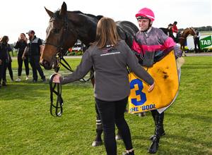 WARRNAMBOOL, AUSTRALIA - MAY 06: Clayton Douglas riding Gold Medals reacts after defeating Aaron Kuru riding Zed Em in Race 7, the Grand Annual Steeplechase, on Grand Annual Day during the Warrnambool Jumps Carnival at Warrnambool Racing Club on May 06, 2021 in Warrnambool, Australia. (Photo by Vince Caligiuri/Getty Images)