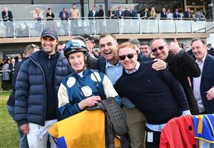 WARRNAMBOOL, AUSTRALIA - MAY 06: Mark Zahra poses with Sam Freedman and connections after riding Le Don De Vie in Race 9, the Sungold Milk Warrnambool Cup, during the Warrnambool Jumps Carnival at Warrnambool Racing Club on May 06, 2021 in Warrnambool, Australia. (Photo by Vince Caligiuri/Getty Images)