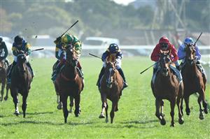 WARRNAMBOOL, AUSTRALIA - MAY 06: Michael Walker riding Butter Blonde winning Race 2, the Tab 2yo Handicap, on Grand Annual Day during the Warrnambool Jumps Carnival at Warrnambool Racing Club on May 06, 2021 in Warrnambool, Australia. (Photo by Vince Caligiuri/Getty Images)