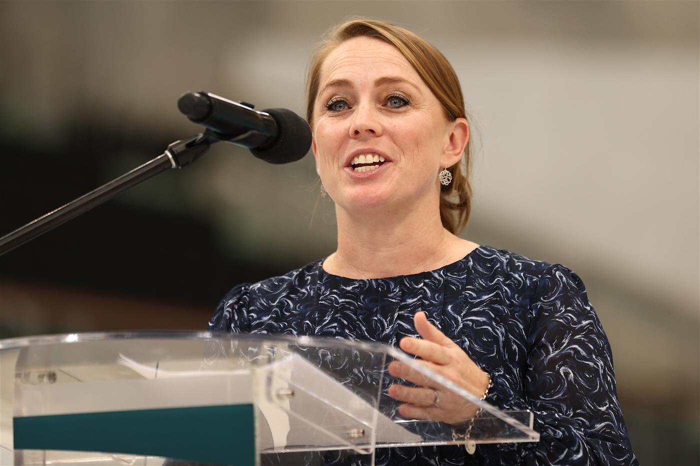 SYDNEY, AUSTRALIA - MAY 13: Chef de Mission, Australian Paralympic Team Kate McLoughlin speaks during the Australian 2020 Tokyo Olympic Games Swimming Uniform Launch at Sydney Olympic Park Aquatic Centre on May 13, 2021 in Sydney, Australia. (Photo by Cameron Spencer/Getty Images)