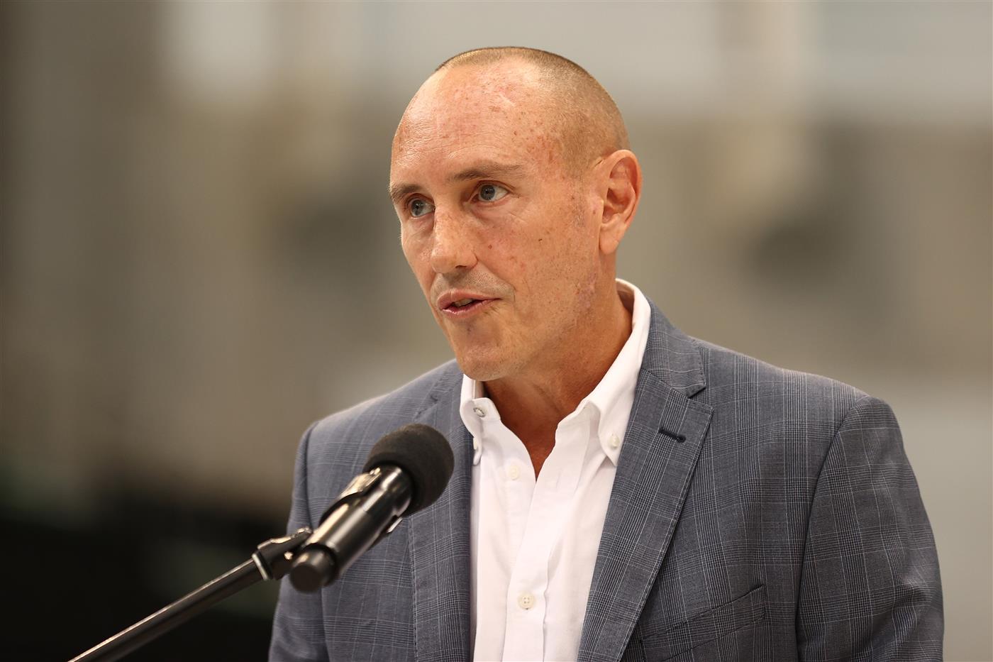 SYDNEY, AUSTRALIA - MAY 13: Brand Manager, Speedo Australia Graham Eyres speaks during the Australian 2020 Tokyo Olympic Games Swimming Uniform Launch at Sydney Olympic Park Aquatic Centre on May 13, 2021 in Sydney, Australia. (Photo by Cameron Spencer/Getty Images)