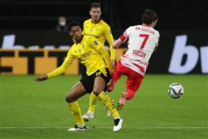 BERLIN, GERMANY - MAY 13: Marcel Sabitzer of RB Leipzig is challenged by Jude Bellingham of Borussia Dortmund during the DFB Cup final match between RB Leipzig and Borussia Dortmund at Olympic Stadium on May 13, 2021 in Berlin, Germany. (Getty Images)