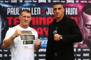 BRISBANE, AUSTRALIA - MAY 19: Paul Gallen and Justis Huni face off during a media opportunity at Suncorp Stadium on May 19, 2021 in Brisbane, Australia. (Getty Images)