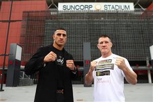 BRISBANE, AUSTRALIA - MAY 19: Paul Gallen and Justis Huni face off during a media opportunity at Suncorp Stadium on May 19, 2021 in Brisbane, Australia. (Getty Images)