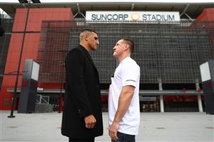BRISBANE, AUSTRALIA - MAY 19: Paul Gallen and Justis Huni face off during a media opportunity at Suncorp Stadium on May 19, 2021 in Brisbane, Australia. (Getty Images)