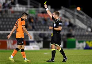 BRISBANE, AUSTRALIA - MAY 25: Rahmat Akbari of the Roar is penalised and given a yellow card during the A-League match between the Brisbane Roar and Melbourne City at Moreton Daily Stadium, on May 25, 2021, in Brisbane, Australia. (Getty Images)