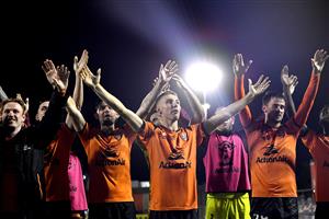 BRISBANE, AUSTRALIA - MAY 25: The Roar players celebrate victory after the A-League match between the Brisbane Roar and Melbourne City at Moreton Daily Stadium, on May 25, 2021, in Brisbane, Australia. (Getty Images)