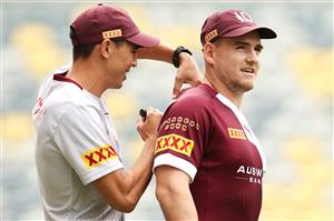 TOWNSVILLE, AUSTRALIA - JUNE 08: AJ Brimson prepares for the session during a Queensland Maroons State of Origin training session at Queensland Country Bank Stadium on June 08, 2021 in Townsville, Australia. (Photo by Mark Kolbe/Getty Images)