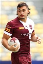 TOWNSVILLE, AUSTRALIA - JUNE 08: Tino Fa’asuamaleaui watches on during a Queensland Maroons State of Origin training session at Queensland Country Bank Stadium on June 08, 2021 in Townsville, Australia. (Photo by Mark Kolbe/Getty Images)