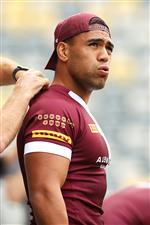 TOWNSVILLE, AUSTRALIA - JUNE 08: Joe Ofahengaue looks on as he prepares for the session during a Queensland Maroons State of Origin training session at Queensland Country Bank Stadium on June 08, 2021 in Townsville, Australia. (Photo by Mark Kolbe/Getty Images)